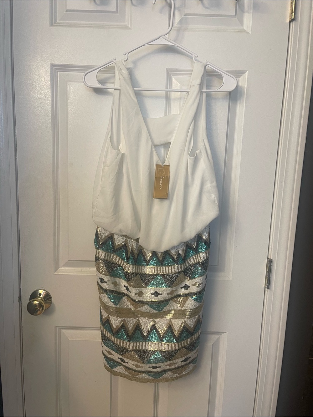 Francesca's Collections White Mini Dress with Turquoise & Gold Sequin Skirt